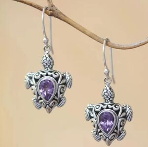 Silvertone Turtle Earrings Purple Gemstone